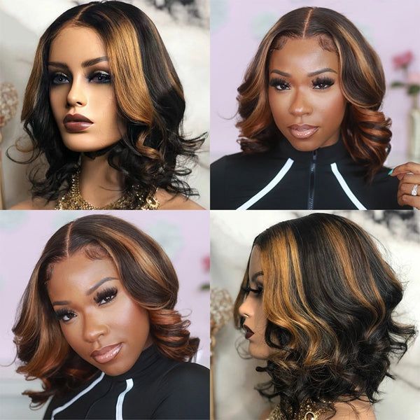 Wear&Go 1B/27# Piano Highlights Color Body Wave Transparent Lace Wig Short Bob Human Hair Wig - 5x5 / 150% / 14inch