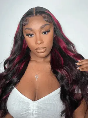 Piano Black with Red & Blonde Wig Loose Wave 180% Density Human Hair Wig - 13x4 Lace / NO / 22inch