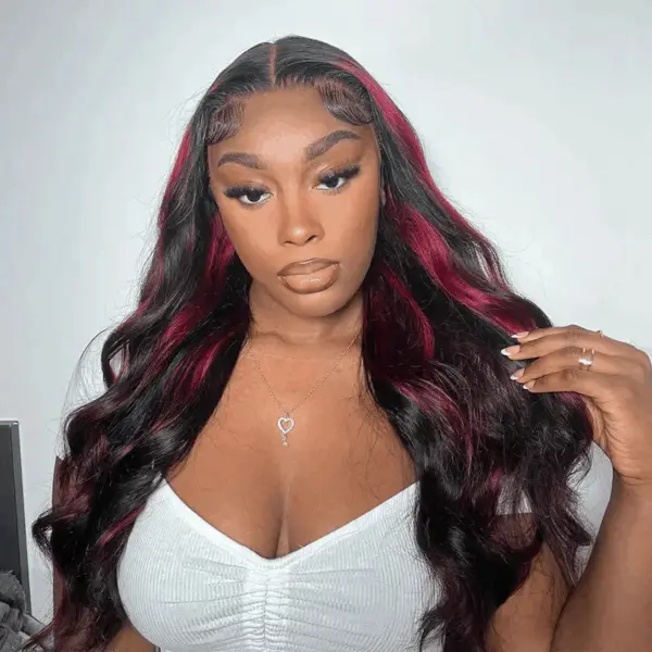 Piano Black with Red & Blonde Wig Loose Wave 180% Density Human Hair Wig - 13x4 Lace / Yes（+） / 18inch
