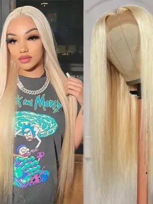 #613 Blonde Straight 180% Density Closure Lace Wig Human Hair Wig - 13x6 Lace / No / 32