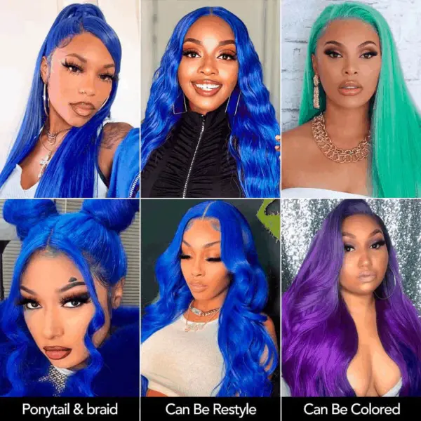 Blue Lace Front Wig Human Hair 13x4 HD Body Wave Human Hair Lace Front Wigs Pre Plucked Colored Blue Lace Front Wig 180% Desity - 13x6 Lace / Yes（+）