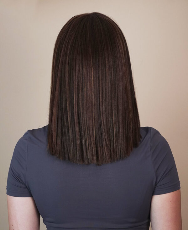 vegan fiber long bob with bangs wig 12" brown highlights.