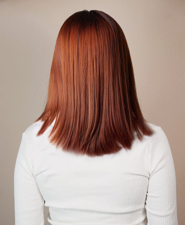 vegan fiber long bob with bangs wig 12" copper melt.