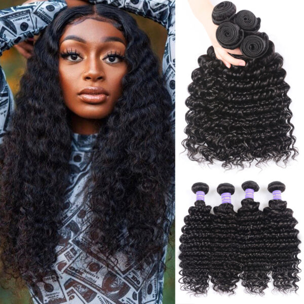 Sunber Remy Deep Wave Human Hair Weaves 4Bundles Deals With Hair Extensions - 18 18 18 18inch