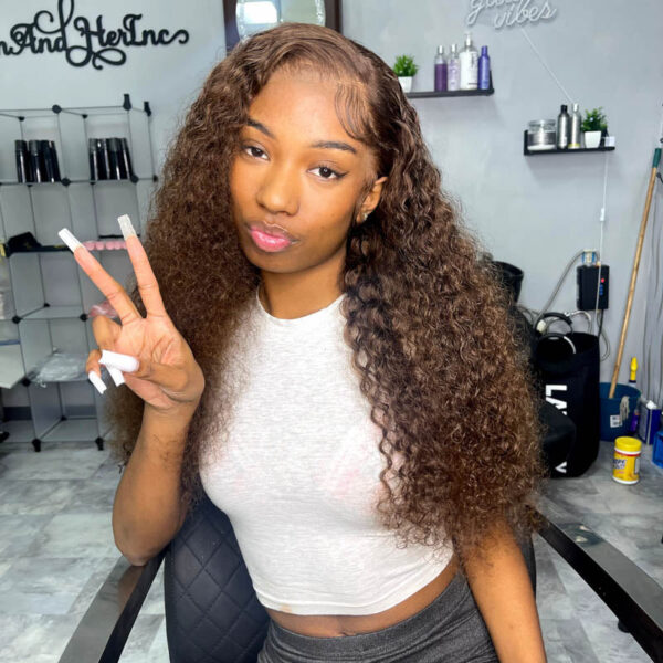 Chestnut Brown Curly Wig Pre Plucked Closure HD Lace Front Wigs 150% Density - 13x6 Lace / Yes（+） / 32inch