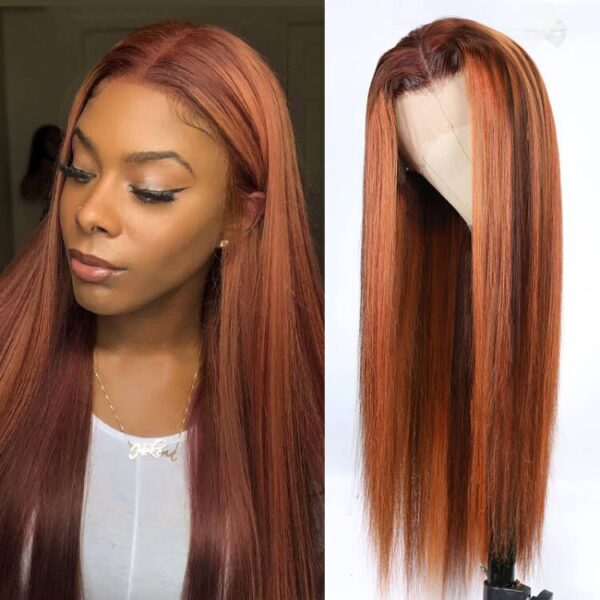 Sunber Mix Ginger And Copper Red Straight Human Hair Wigs Ombre Lace Front Wig - 18