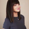 vegan fiber long bob with bangs wig 12" brown highlights.