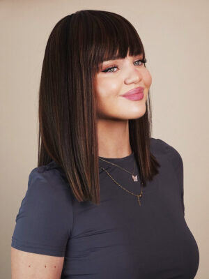 vegan fiber long bob with bangs wig 12" brown highlights.
