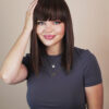 vegan fiber long bob with bangs wig 12" brown highlights.