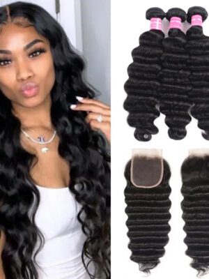 Sunber Hair Brazilian Loose Deep Wave 3 Bundles Hair with 4*4 Lace Closure Deals - 18 18 18+18
