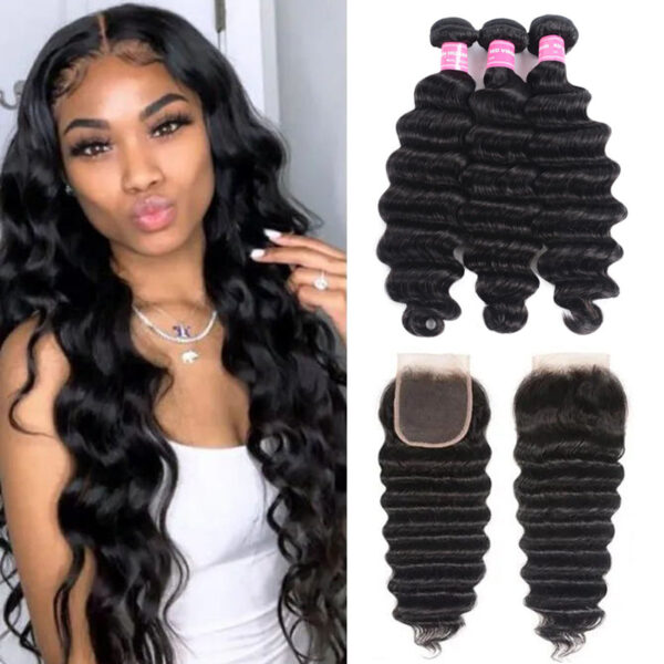 Sunber Hair Brazilian Loose Deep Wave 3 Bundles Hair with 4*4 Lace Closure Deals - 16 18 20+16