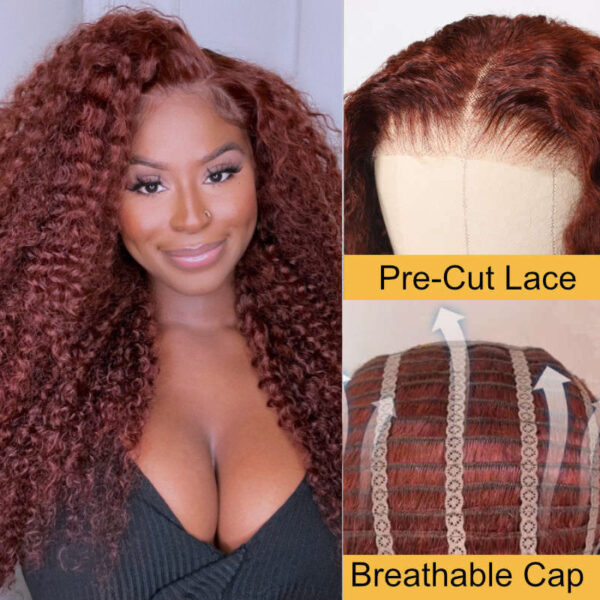Sunber Kinky Curly Reddish Brown 6x4.75 Pre-Cut Lace Closure Wig Human Hair Glueless Wig - 24 / 6*4.75 Pre-Cut-With Baby Hair / 150%