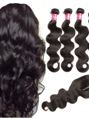 Sunber Hair Virgin Malaysian Hair Body Wave 4 Bundles With 4*4 Lace Closure, Tangle Free, No Shedding - 18 20 22 24+18 / Free Part