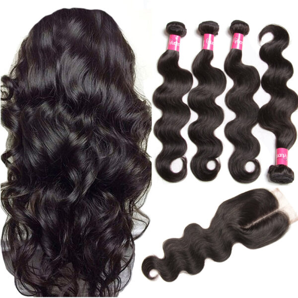 Virgin Malaysian Hair Extensions - Body Wave 4 Bundles With 4*4 Lace Closure, Tangle Free, Natural Black, No Shedding - 10 12 14 16+10