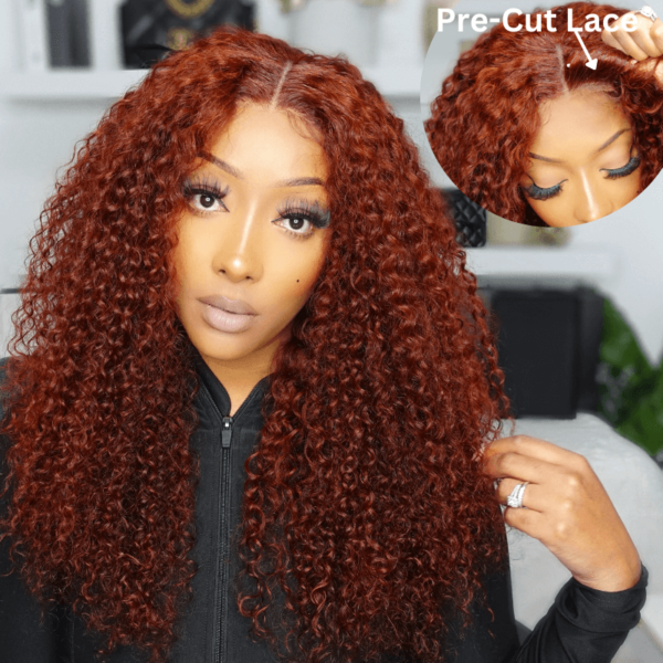 Sunber Reddish Brown Jerry Curly Pre Cut Glueless Lace Wig Human Hair Wigs Flash Sale - 24 / 6x4.75 Pre-Cut Lace