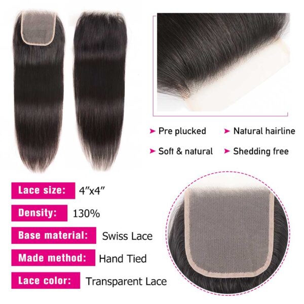 Sunber Hair Peruvian Straight Hair Bundles 3 Bundles With 4x4 inch Swiss Lace Closure, 8"-30" in stocks - 20 22 24+16