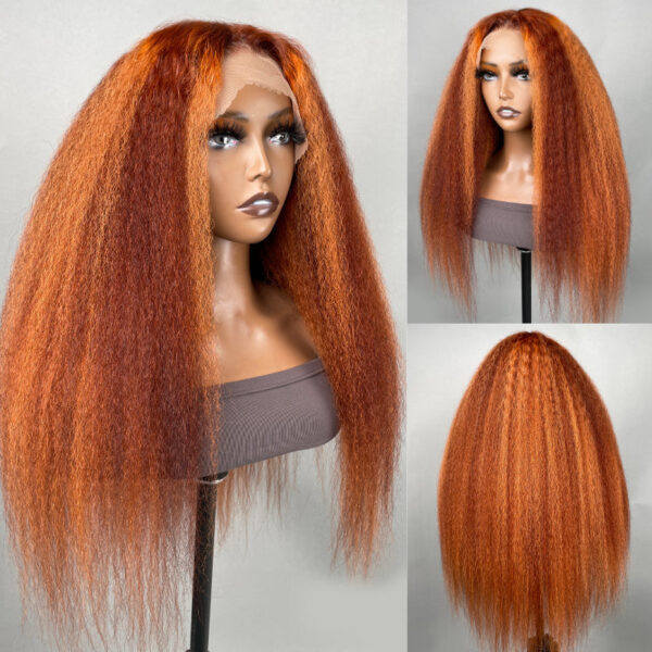 0 OFF Sunber Kinky Straight 13*4 Pre-Everything Wig Ginger Copper Red Highlight Lace Front Wigs - 22 / 13x4 Lace-Kinky Straight
