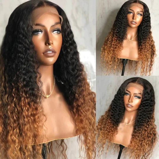 Ombre Color Curly Wig Lace Closure Wig Black With Medium Brown Human Hair Wig - 13x4 Lace / 180% / 16inch