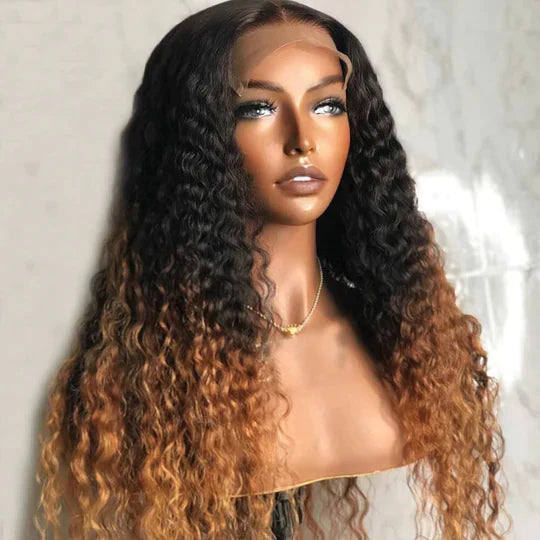 Ombre Color Curly Wig Lace Closure Wig Black With Medium Brown Human Hair Wig - 13x4 Lace / 180% / 16inch