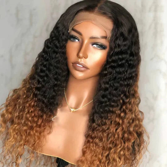 Ombre Color Curly Wig Lace Closure Wig Black With Medium Brown Human Hair Wig - 13x4 Lace / 180% / 16inch