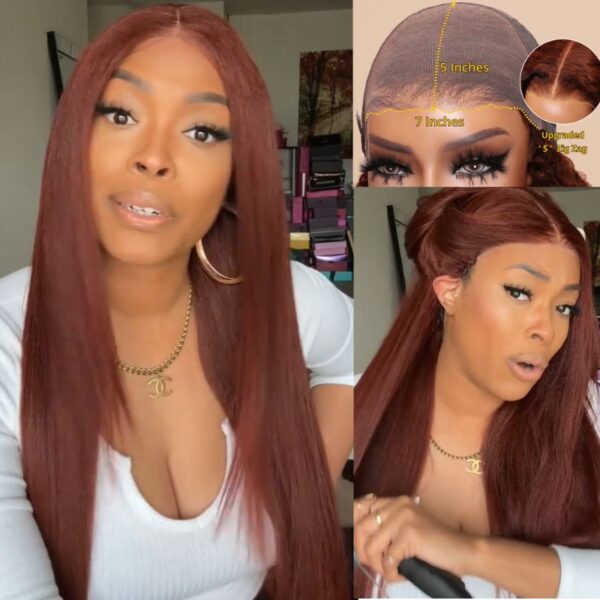Extra 70% OFF |Sunber Reddish Brown 13*4 Lace Front Wig Kinky Straight Dark Auburn Copper Color Human Hair Wigs - 24 / 7*5 Bye Bye Knots-Yaki Straight