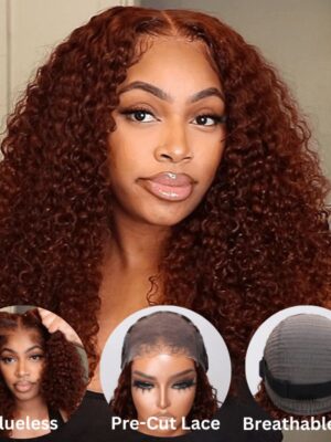 Sunber Reddish Brown Jerry Curly Pre Cut Glueless Lace Wig Human Hair Wigs Flash Sale - 24 / 6x4.75 Pre-Cut Lace