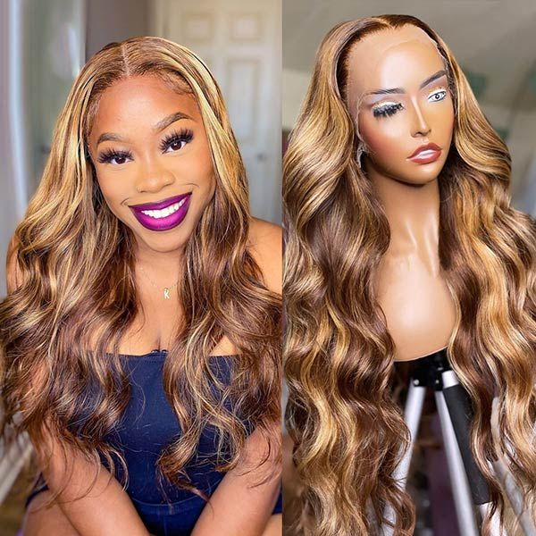 #5/27 Highlight Honey Blonde Wig Highlight Color Body Wave 4x4/13x4/13x6 Lace Wig - 13x4 Lace / Yes / 20inch