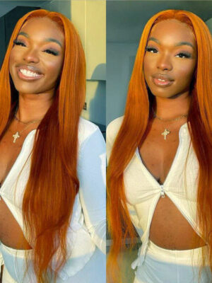 Ginger Orange Color Straight Wig 13x4 Transparent HD Lace Front Wigs 180% Density - 4x4 Lace / Yes（+） / 26inch