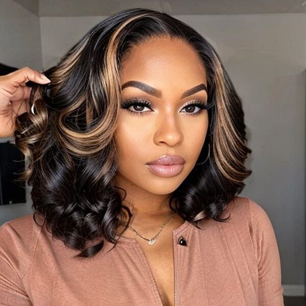 Wear&Go 1B/27# Piano Highlights Color Body Wave Transparent Lace Wig Short Bob Human Hair Wig - 5x5 / 150% / 14inch
