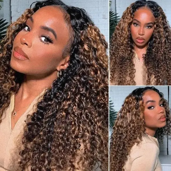 Curly HD Lace Front Wigs 180% Density Wig Balayage Highlight Wig Human Hair - 13x4 Lace / Yes（+） / 22inch