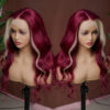 Blond With Burgundy Highlights Color 13x4 Transparent Lace Pre-plucked Human Hair Wigs - No / 150% / 18inch