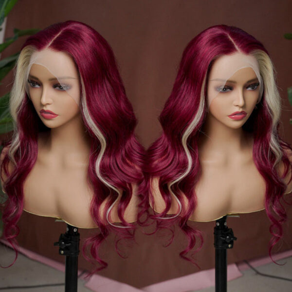 Blond With Burgundy Highlights Color 13x4 Transparent Lace Pre-plucked Human Hair Wigs - No / 150% / 18inch
