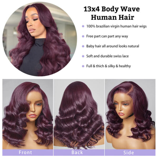 New Color Deep Purple Color Glueless 180% Density Body Wave wig 13x4 Transparent Frontal HD Lace Wig - 4x4 Lace / 180% / 22inch