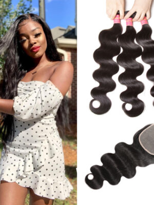 Sunber Hair Body Wave Transparent 5*5 Closure With Virgin Hair Weave 3 Bundles - 18 20 22+16 / Free Part