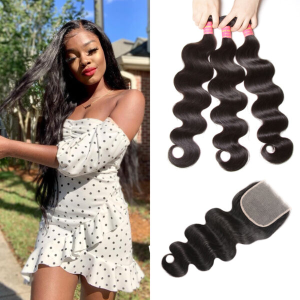 Sunber Hair Body Wave Transparent 5*5 Closure With Virgin Hair Weave 3 Bundles - 16 16 16+16 / Free Part