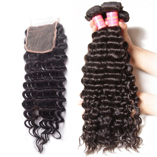 Sunber Deep Wave 4Bundles With 4x4 Lace Free Part Closure Virgin Human Hair - 20 22 24 26+16