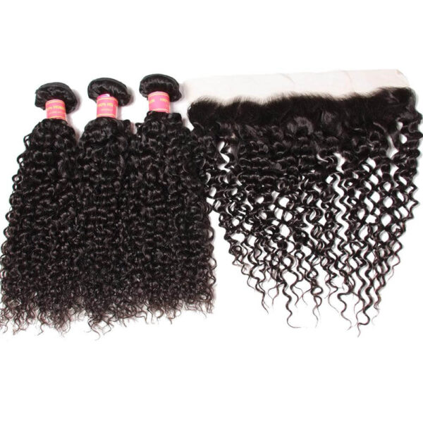 Sunber Hair Indian Curly Hair Lace Frontal with 3 Bundles, 100% Virgin Human Hair Extensions Wefts - 20 22 24+16 / 13*4 Lace Frontal