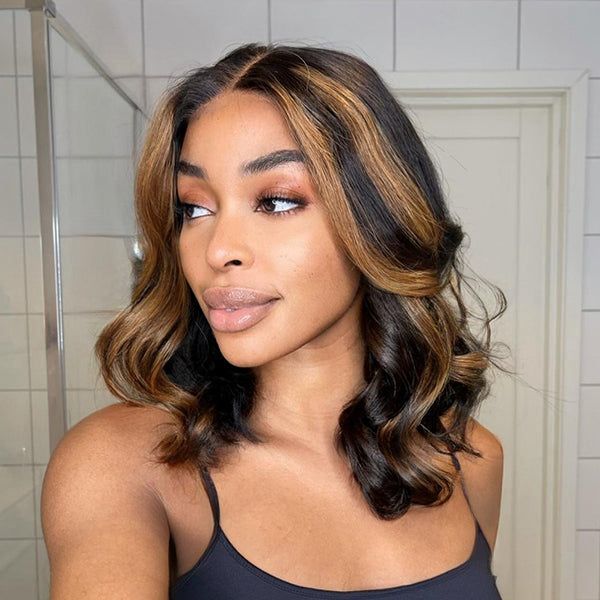 Wear&Go 1B/27# Piano Highlights Color Body Wave Transparent Lace Wig Short Bob Human Hair Wig - 5x5 / 150% / 14inch