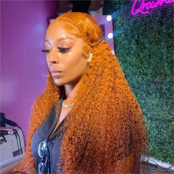 Pre-Cut Lace Wear Go Glueless Wig Ginger Orange Pure Color Curly Breathable - 5x5 Lace / 180% Density / 24 inch