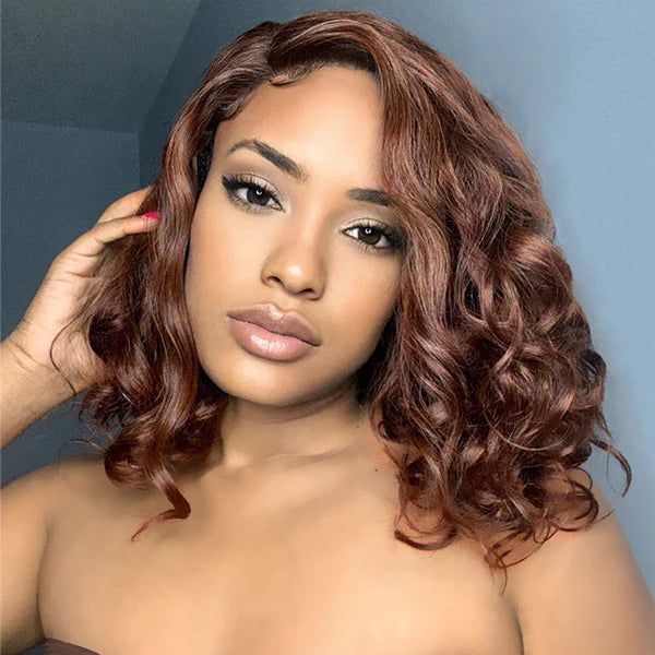 Short Glueless Body Wave Bob Wig 4x4/13x4 Lace Front Human Hair With Breathable Cap - 4x4 Lace / Brown Color / 18inch