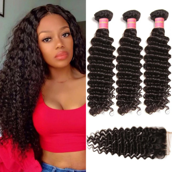 Sunber Deep Wave 4Bundles With 4x4 Lace Free Part Closure Virgin Human Hair - 20 22 24 26+16