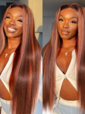 Sunber Mix Ginger And Copper Red Straight Human Hair Wigs Ombre Lace Front Wig - 20