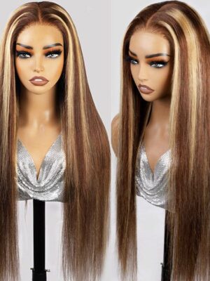 Glueless Tiny Knot Transparent Lace 7x4 Lace Black Straight Wig With Bleached Knots - Highlight Color / 24 inch