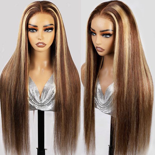Glueless Tiny Knot Transparent Lace 7x4 Lace Black Straight Wig With Bleached Knots - 99J / 28 inch