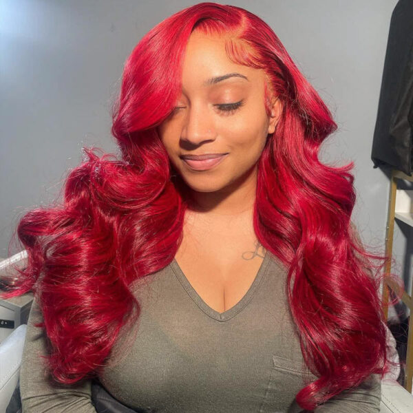 #99J Burgundy Wig Body Wave Wig 180% Density 4x4/13x4/13x6 Transparent Lace Human Hair Wig - 4x4 Lace / Yes(+.00) / 22inch