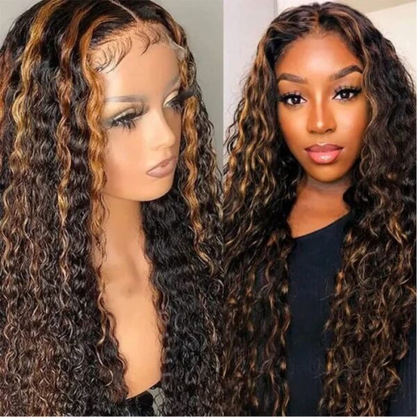 #1B/30 Highlight Color Wigs Curly HD Lace Front 13x4 Lace 180% Density Human Hair Wig - 13x6 Lace / No / 30inch