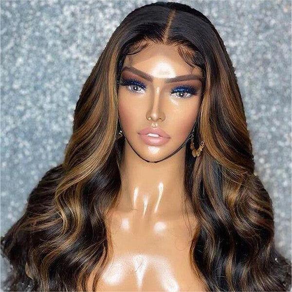1B/30 Wig Balayage Highlight Body Wave Wig Pre-plucked HD Lace Front Wig - 13x6 Lace / Yes( +.00) / 30inch