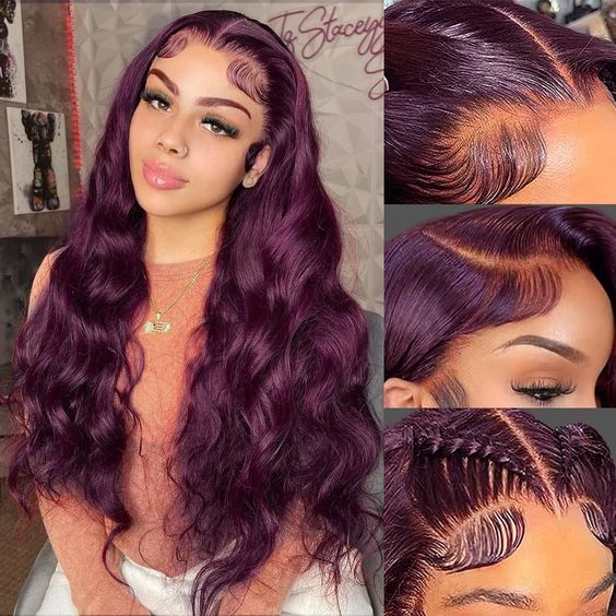 New Color Deep Purple Color Body Wave Wig Transparent Frontal HD Lace Wig 180% Density Hair Wig - 13x4 Lace / No / 16inch