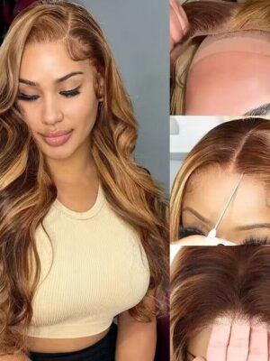 Honey Blonde Highlight Glueless Wig Body Wave 4x4 Closure Lace Front Wigs 100% Virgin Human Hair Wigs - 13x4 Lace / 26inch