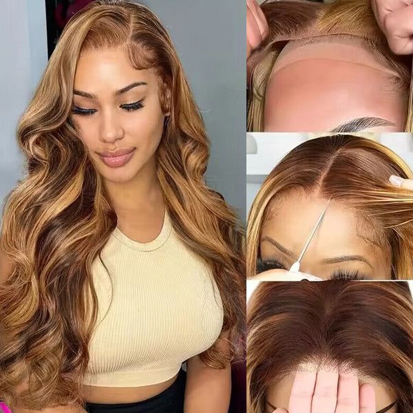 Honey Blonde Highlight Glueless Wig Body Wave 4x4 Closure Lace Front Wigs 100% Virgin Human Hair Wigs - 13x4 Lace / 20inch